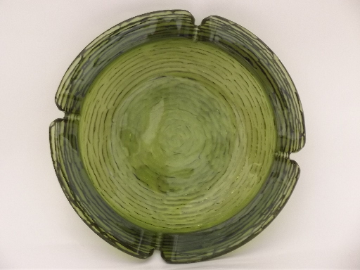 Huge vintage glass ashtray, retro green Soreno crinkle glass ash tray