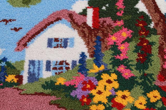 huge vintage latch hook yarn shag rug wall hanging, tiny house w/ cottage garden