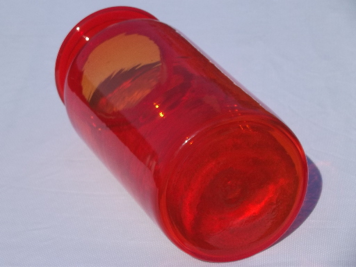 Huge vintage orange glass bottle, tall apothecary canister jar shape