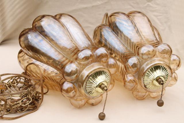 huge vintage swag lamps w/ curvy iridescent glass shades, lantern light pendants pair