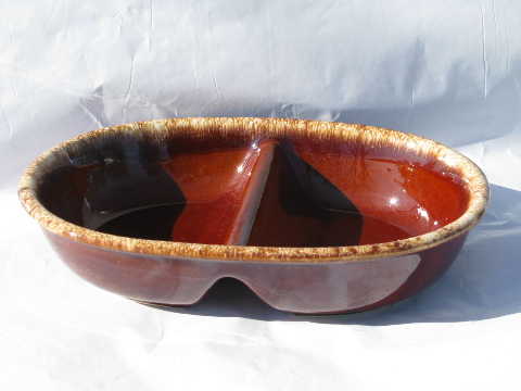 Hull mirror brown drip glaze pottery, vintage divided vegetable bowl
