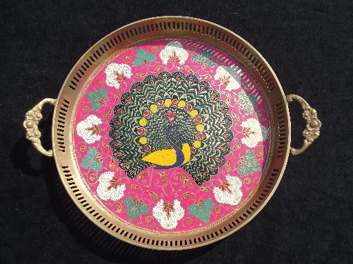 Indian peacock design,  enamel painted solid brass tray, vintage India
