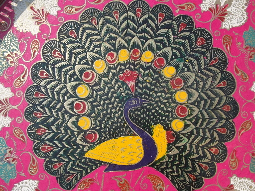 Indian peacock design,  enamel painted solid brass tray, vintage India