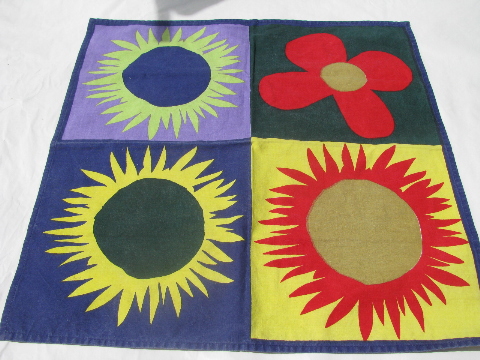 Indian print cotton kitchen linens dish towels, retro mod bright sunflowers