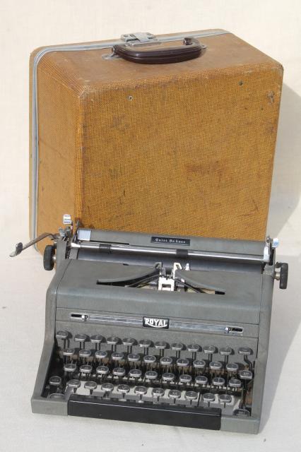 industrial vintage Royal typewriter w/ glass keys, portable typewriter w/ tweed case