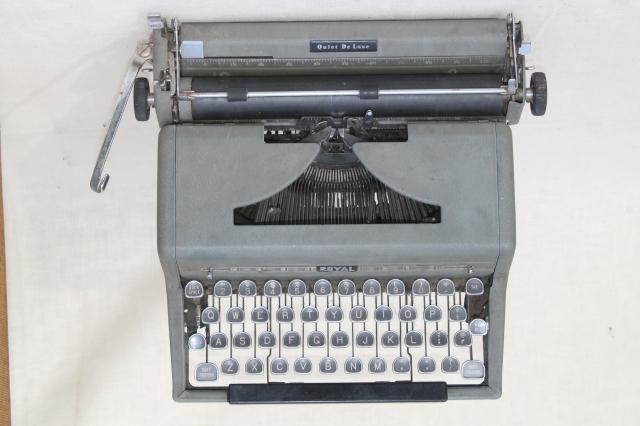 industrial vintage Royal typewriter w/ glass keys, portable typewriter w/ tweed case