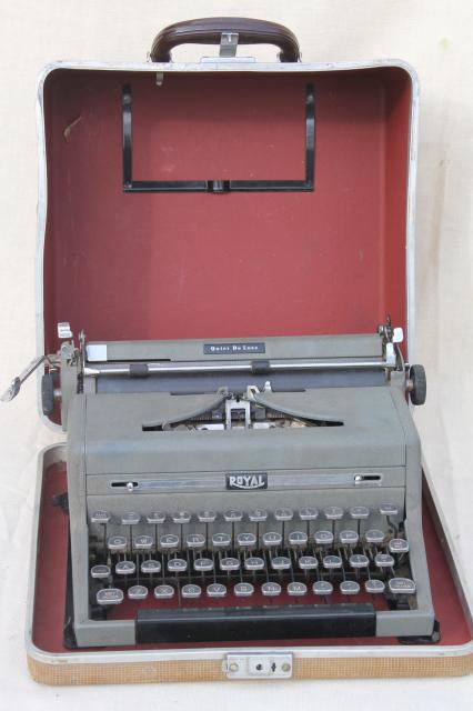 industrial vintage Royal typewriter w/ glass keys, portable typewriter w/ tweed case