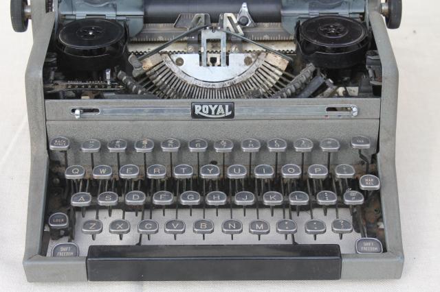 industrial vintage Royal typewriter w/ glass keys, portable typewriter w/ tweed case