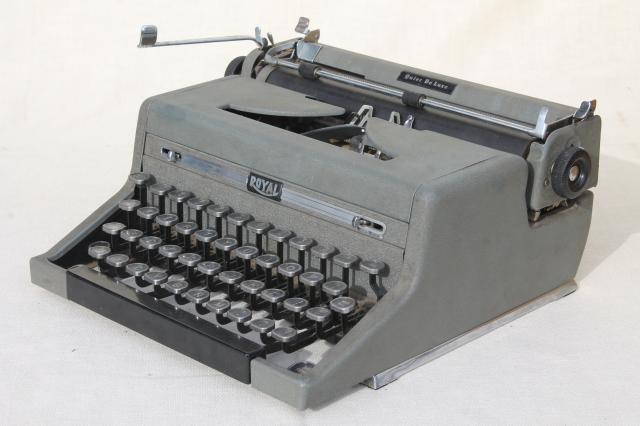 industrial vintage Royal typewriter w/ glass keys, portable typewriter w/ tweed case