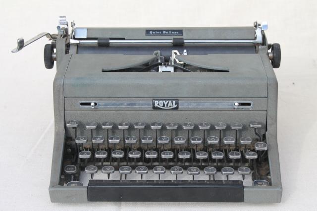 industrial vintage Royal typewriter w/ glass keys, portable typewriter w/ tweed case