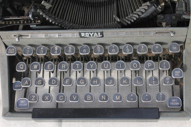 industrial vintage Royal typewriter w/ glass keys, portable typewriter w/ tweed case