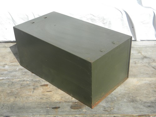 Industrial vintage file folder cabinet box, olive drab steel Safe-T-Stak