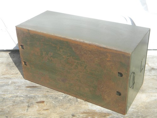 Industrial vintage file folder cabinet box, olive drab steel Safe-T-Stak