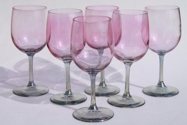 iridescent glass water glasses or wine goblets, pink luster bowls w ...