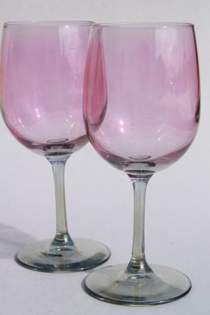 iridescent glass water glasses or wine goblets, pink luster bowls w/ grey green smoke glass stems