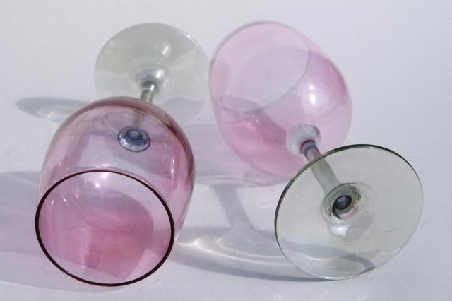 iridescent glass water glasses or wine goblets, pink luster bowls w/ grey green smoke glass stems