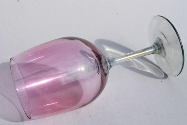 iridescent glass water glasses or wine goblets, pink luster bowls w/ grey green smoke glass stems