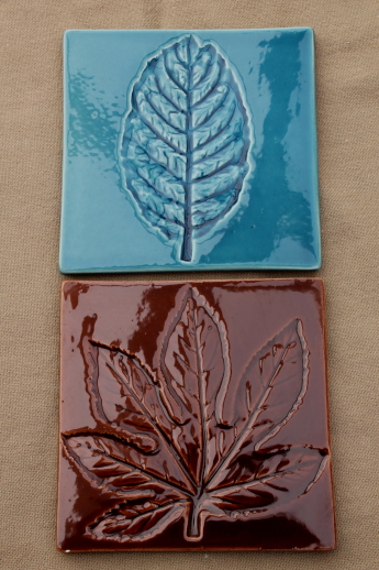 Italian pottery tiles, Crate & Barrel ceramic coasters w/ pressed leaves
