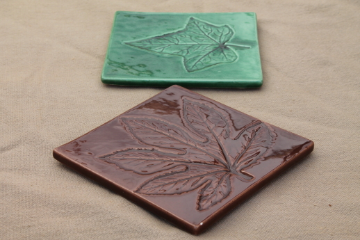 Italian pottery tiles, Crate & Barrel ceramic coasters w/ pressed leaves