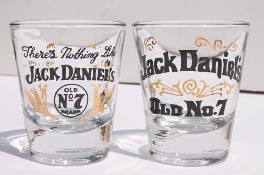 Jack Daniels shot glasses set w/ old whiskey labels, Jack Daniel's logos