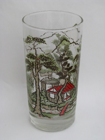 Japanese garden pattern vintage print glasses, set 8 vintage glass tumblers