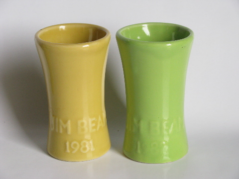 Jim Beam green & yellow pottery IAJBBSC membership shot glasses, retro 1980s vintage