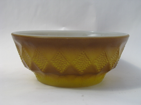 Kimberly pattern vintage Fire-King glass bowls, brown & yellow gold