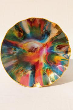 large Seetusee style vintage marbled art glass / leather bowl, 60s retro!