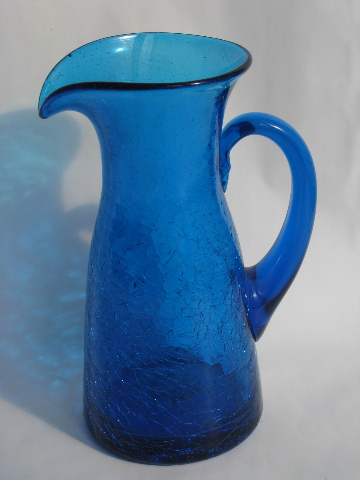 Large aqua blue crackle glass pitcher, mod mid-century vintage Blenko