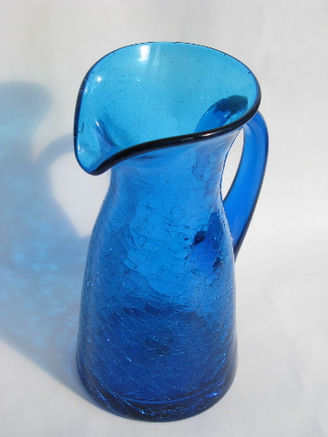 Large aqua blue crackle glass pitcher, mod mid-century vintage Blenko