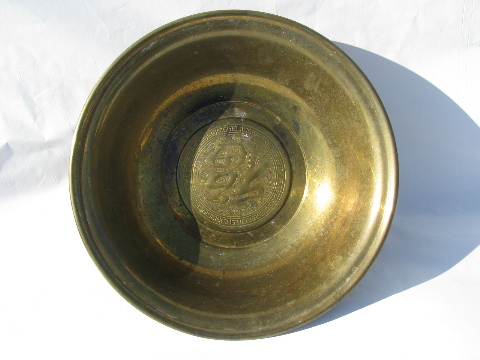 Large brass bowl w/ chinese characters, retro vintage asian modern zen