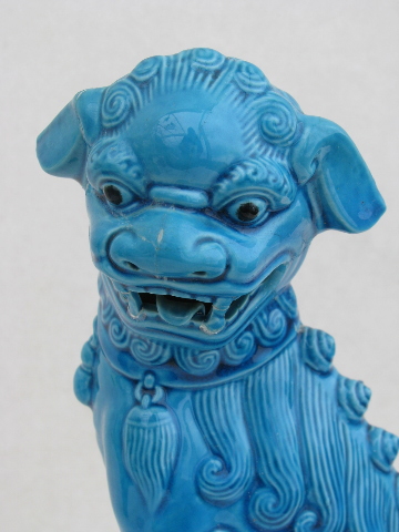 Large ceramic Chinese fu dogs dragons statues w/ aqua glaze, vintage Japan