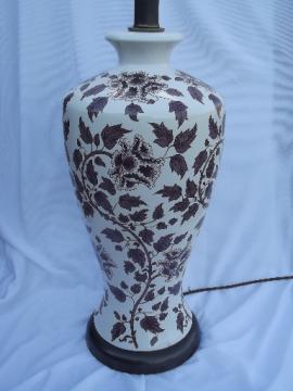 Large ceramic ginger jar lamp, Chinese peonies floral in chocolate brown