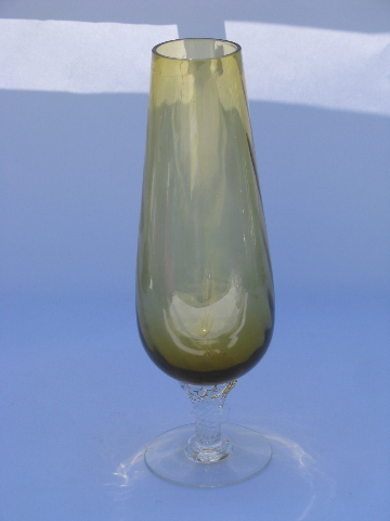 Large hand-blown amber / crystal stemmed vase, mid-century modern Italian glass