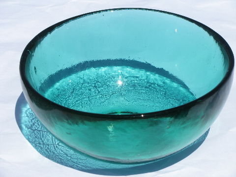 Large heavy handmade art glass bowl, retro vintage aqua blue color