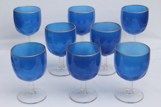 Large Hoffman House style glass goblets, vintage water wine glasses cobalt blue color w/ gold band