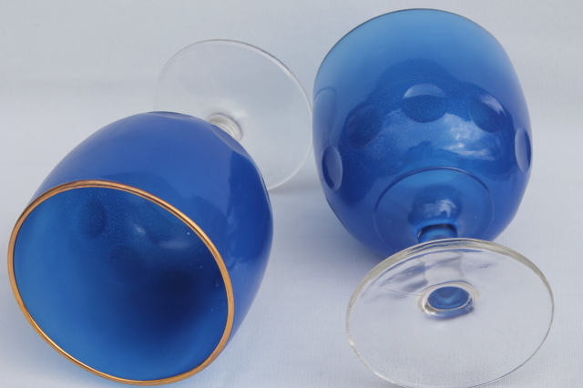 Large Hoffman House style glass goblets, vintage water wine glasses cobalt blue color w/ gold band