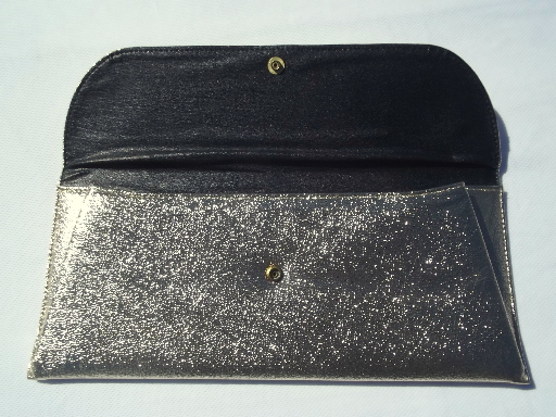 Large long envelope clutch purse, vintage 80s retro gold lame evening bag