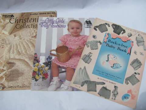Large lot knit & crochet for baby pattern books, 50s thru 90s vintage