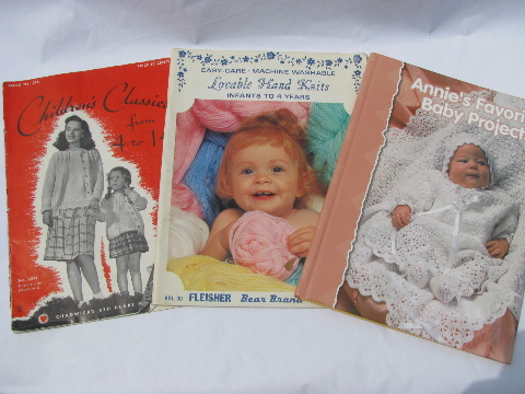 Large lot knit & crochet for baby pattern books, 50s thru 90s vintage