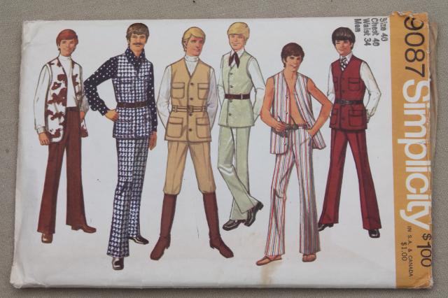 large lot vintage sewing patterns, disco retro 70s men's fashion styles young & hip