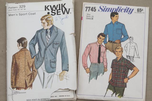 large lot vintage sewing patterns, disco retro 70s men's fashion styles young & hip