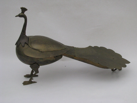 Large solid brass peacock, hinged box in tail, vintage India