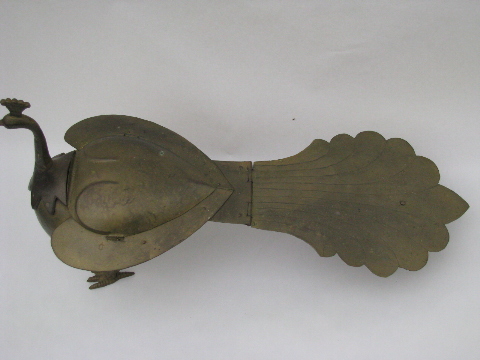 Large solid brass peacock, hinged box in tail, vintage India