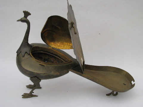 Large solid brass peacock, hinged box in tail, vintage India