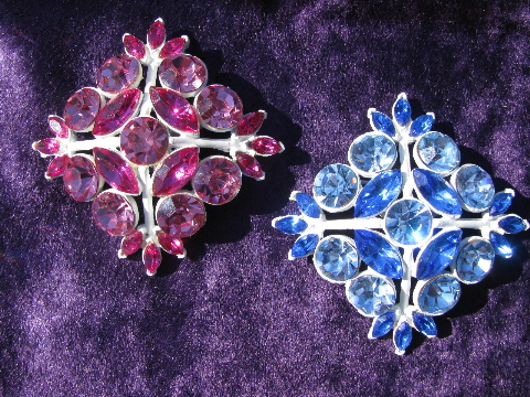 Large square pin back brooches, pink & blue rhinestones, vintage costume jewelry