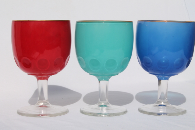 Large vintage Hoffman House style glass goblet vases or water glasses in red, aqua, blue