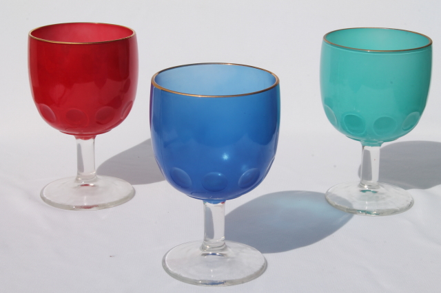 Large vintage Hoffman House style glass goblet vases or water glasses in red, aqua, blue
