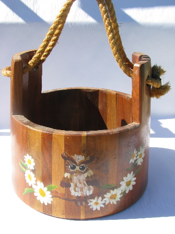 Large vintage staved wood bucket w/ primitive rope handle, hand-painted owls