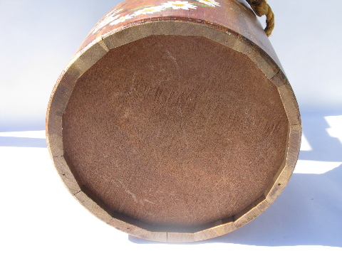 Large vintage staved wood bucket w/ primitive rope handle, hand-painted owls